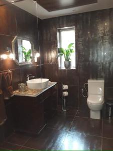 een badkamer met toilet, wastafel en raam bij Modern two bedroom apartment in Valletta in Is-Swatar