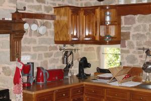 eine Küche mit Holzschränken und einer Arbeitsplatte in der Unterkunft Les Vieilles Treilles in Noailhac + 8 Fotos