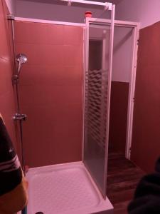 a shower with a glass door in a bathroom at Chambre au domaine du moulin du pont in Aurignac