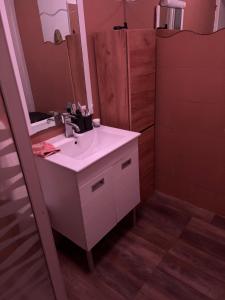 a bathroom with a sink and a mirror at Chambre au domaine du moulin du pont in Aurignac