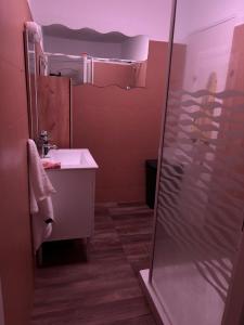 Un baño con lavabo y ducha de cristal. en Chambre au domaine du moulin du pont, en Aurignac 9 fotos más