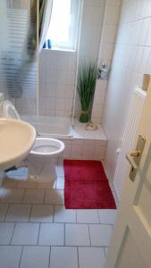 een badkamer met een toilet en een rood tapijt bij Ferienwohnungen by K Krause in Salzgitter