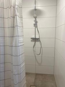 a shower in a white tiled bathroom with a hose at Ferienwohnung Auszeit in Marsberg