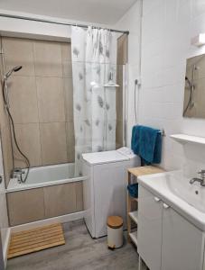 une salle de bain blanche avec une douche et un lavabo dans l'établissement Bord de mer avec piscine intérieure chauffée, à Port-la-Nouvelle