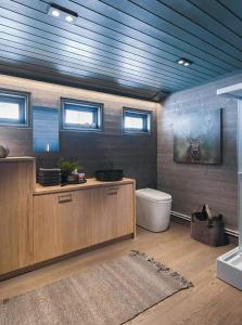 a bathroom with a toilet and some windows at Renovated Mountain Cabin With Cross Country Trails in Granheim