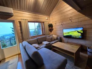 Una sala de estar con un sofá, una mesa y un televisor. en 90m2 vacation home in Ruka, en Kuusamo