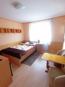 a bedroom with a bed and a large window at Willa Górniak in Dziwnówek