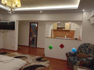 a living room with a couch and a chair at Elixir studio in Bucharest