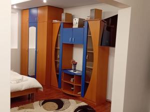 a room with blue and brown shelves and a tv at Elixir studio in Bucharest +21 photos