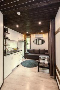 Una cocina y una sala de estar con un sofá y una mesa. en Meža māja, en Zaķumuiža