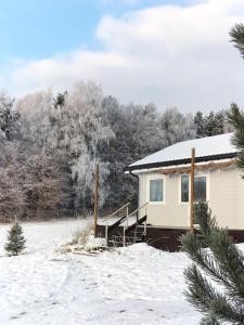 a house in the snow with trees in the background at DoWielina - domki wśród natury in Wielin