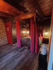 a bedroom with a canopy bed with pink curtains at La Pensine du célèbre sorcier in Bourogne
