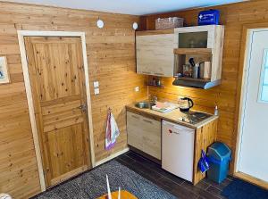een kleine keuken met een spoelbak en een koelkast bij Cozy Garden House with a Sauna in Tallinn