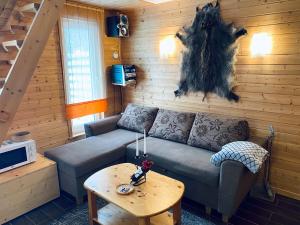 een woonkamer met een bank en een tafel bij Cozy Garden House with a Sauna in Tallinn