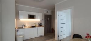 une cuisine avec un évier et un plan de travail dans l'établissement BALTICUS - Apartamenty Może nad Morze Międzyzdroje, à Międzyzdroje