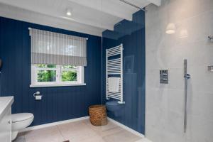 a blue bathroom with a shower and a toilet at Modern 4BR Summerhouse with Sauna and Hot Tub in Selfoss +27 photos