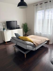 a bedroom with a bed and a tv on a table at Studio aux portes d'Orly & Paris in Athis-Mons