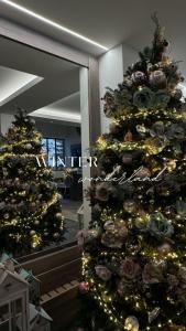 オシュチュニツァにあるHotel Marleneの大きな鏡のある部屋のクリスマスツリー