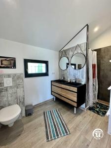 a bathroom with a sink and a mirror at Le gite aux oliviers in La Redorte