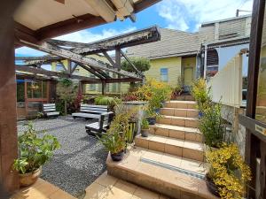 een patio met een bos planten en banken bij Maison aux Portes du Sud Sauvage in Saint-Joseph