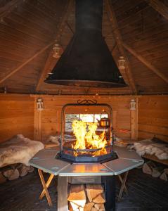 une pièce avec un foyer dans une cabane dans l'établissement Luxury Skye Cottage Hot Tub & BBQ Lodge, à Lonmore