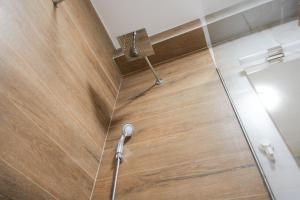 a shower in a bathroom with a wooden door at Residence Ali - garage included in Bjelašnica +33 photos