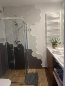 a bathroom with a shower with a glass door at Apartament Niebieski Centrum Sarbinowo in Sarbinowo