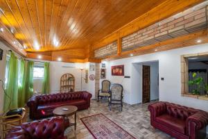 een woonkamer met lederen meubels en een houten plafond bij Non stop apartman in Kaposvár