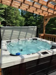een jacuzzi onder een pergola bij Chalet Le Mona in Notre-Dame-Des-Bois