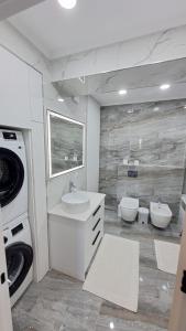a bathroom with a sink and a washing machine at Vila in Chişinău
