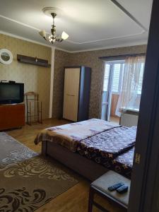 a bedroom with a large bed and a television at Апартаменти в новому будинку біля Либідь Плаза-Квартал in Khmelʼnytsʼkyy