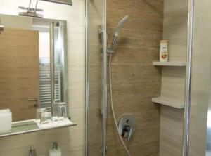 een douche met een glazen deur in een badkamer bij Ginko Rooms in Daruvar