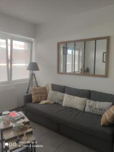 a living room with a couch and a mirror at La Suite by Nath in Calais +19 photos