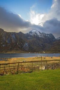 a field with a mountain in the background with a fence at Heimly, cosy house in a fjord in Bjørnsand