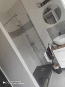 a bathroom with a glass shower and a sink at La Suite by Nath in Calais +20 photos