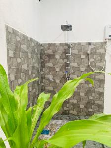 a bathroom with a shower with a stone wall at Wilpattu Nuga Lodge in Pahala Maragahawewa