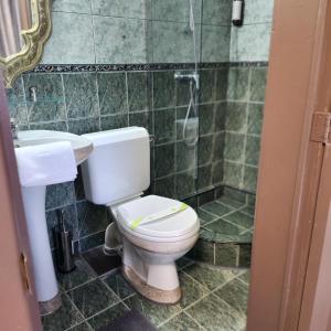a bathroom with a toilet and a sink and a shower at Hotel Mantra in Arad