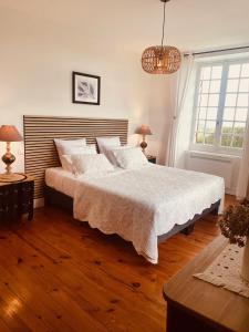 ein Schlafzimmer mit einem großen Bett und einem Kronleuchter in der Unterkunft Domaine de Cazal - Gîte 4 pers avec piscine au cœur de 26 hectares de nature préservée in Saint-Cyprien + 36 Fotos