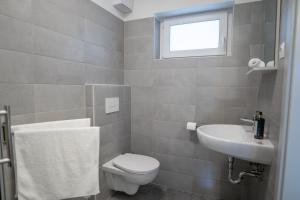 een badkamer met toilet en wastafel bij Antracit Apartman - free parking in Pécs