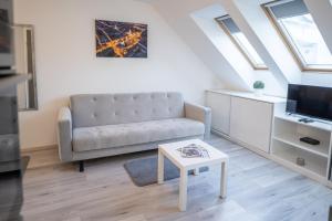 een woonkamer met een bank en een tafel bij Antracit Apartman - free parking in Pécs