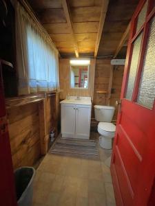 a bathroom with a toilet and a sink at SWALLOW - LIMIT 4 cottage in North Sebago