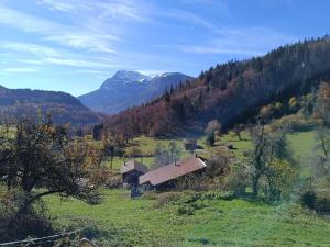a farm in a field with mountains in the background at Chalet paisible à 4km de la station des Carroz - Chalet St François de Sales in Arâches-la-Frasse