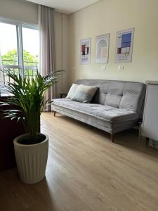 een woonkamer met een bank en een potplant bij BetaSuites in Curitiba