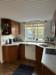 Una cocina con armarios de madera y un fregadero y una ventana. en Kvisthuset 1 Sal, en Tylstrup