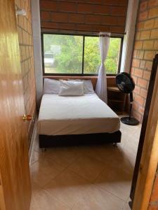 a bedroom with a bed and a window with a curtain at Finca Panoramica in Barbosa