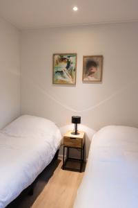 Un dormitorio con dos camas y una mesa con lámpara. en Chalet Vlinder, en Haarle