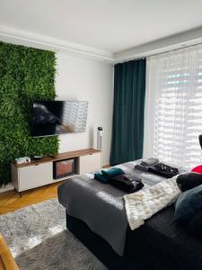 a bedroom with two beds and a flat screen tv at Twoje prywatne SPA - jacuzzi, sauna, tężnia solankowa in Kraków