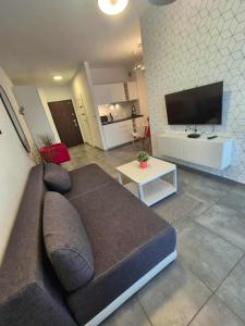 a living room with a couch and a flat screen tv at Mieszkanie z tarasem - Rybacka in Władysławowo