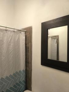 a bathroom with a shower with a mirror and a toilet at Sloth Glamping & Villas Fortuna in San Francisco