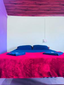 - un lit avec une couverture rouge et des oreillers bleus dans l'établissement The Secret Sector, à Gokarna